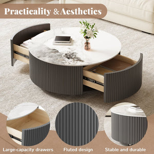 English Elm Modern Round Sintered Stone Coffee Table with Locking Casters and Two Storage Drawers Grey N735P328523G
