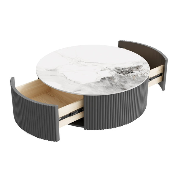 English Elm Modern Round Sintered Stone Coffee Table with Locking Casters and Two Storage Drawers Grey N735P328523G