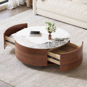 English Elm Modern Round Sintered Stone Coffee Table with Locking Casters and Two Storage Drawers Walnut N735P328523W