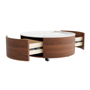English Elm Modern Round Sintered Stone Coffee Table with Locking Casters and Two Storage Drawers Walnut N735P328523W