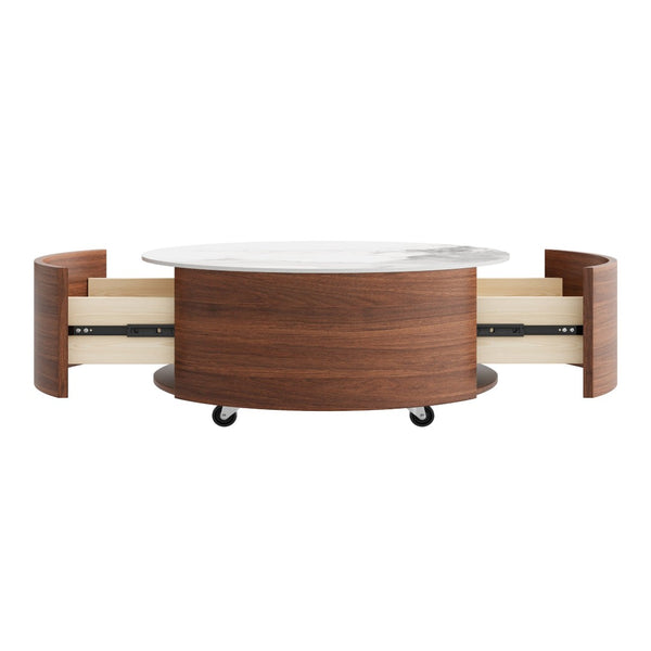 English Elm Modern Round Sintered Stone Coffee Table with Locking Casters and Two Storage Drawers Walnut N735P328523W