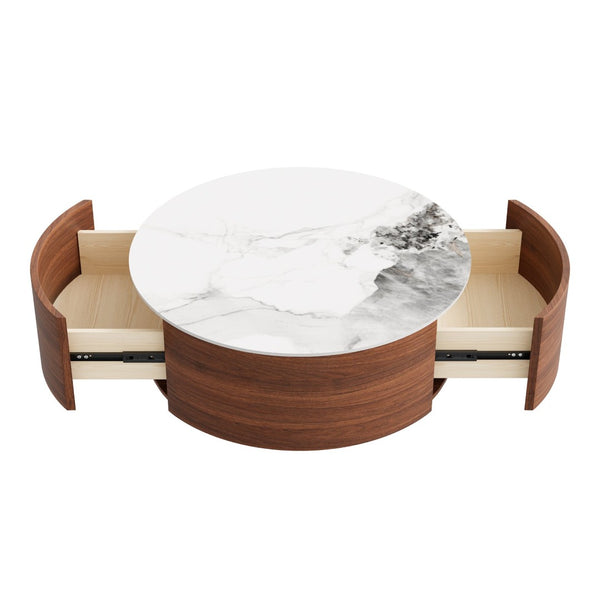 English Elm Modern Round Sintered Stone Coffee Table with Locking Casters and Two Storage Drawers Walnut N735P328523W