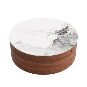English Elm Modern Round Sintered Stone Coffee Table with Locking Casters and Two Storage Drawers Walnut N735P328523W