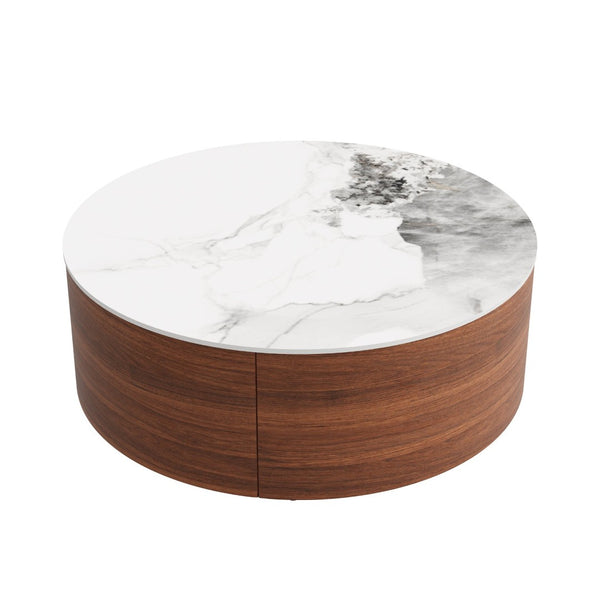 English Elm Modern Round Sintered Stone Coffee Table with Locking Casters and Two Storage Drawers Walnut N735P328523W
