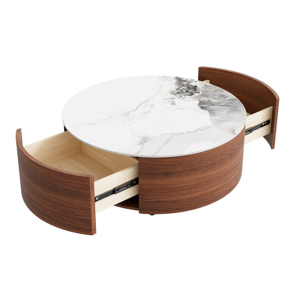 English Elm Modern Round Sintered Stone Coffee Table with Locking Casters and Two Storage Drawers Walnut N735P328523W