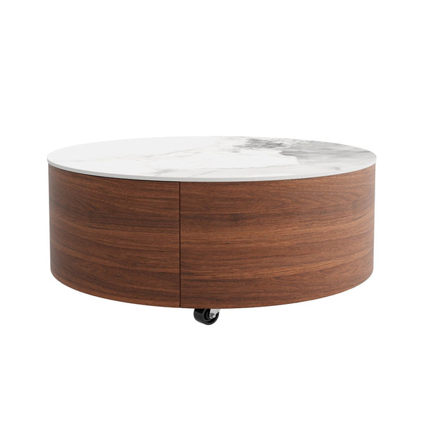English Elm Modern Round Sintered Stone Coffee Table with Locking Casters and Two Storage Drawers Walnut N735P328523W