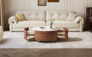 English Elm Modern Round Sintered Stone Coffee Table with Locking Casters and Two Storage Drawers Walnut N735P328523W