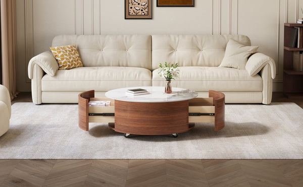 English Elm Modern Round Sintered Stone Coffee Table with Locking Casters and Two Storage Drawers Walnut N735P328523W