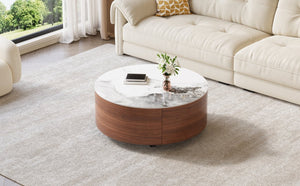 English Elm Modern Round Sintered Stone Coffee Table with Locking Casters and Two Storage Drawers Walnut N735P328523W