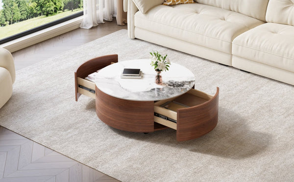 English Elm Modern Round Sintered Stone Coffee Table with Locking Casters and Two Storage Drawers Walnut N735P328523W