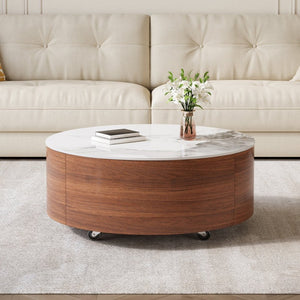 English Elm Modern Round Sintered Stone Coffee Table with Locking Casters and Two Storage Drawers Walnut N735P328523W
