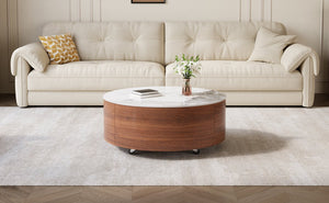 English Elm Modern Round Sintered Stone Coffee Table with Locking Casters and Two Storage Drawers Walnut N735P328523W