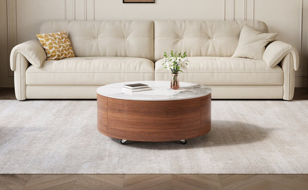 English Elm Modern Round Sintered Stone Coffee Table with Locking Casters and Two Storage Drawers Walnut N735P328523W