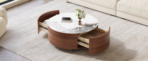English Elm Modern Round Sintered Stone Coffee Table with Locking Casters and Two Storage Drawers Walnut N735P328523W