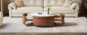English Elm Modern Round Sintered Stone Coffee Table with Locking Casters and Two Storage Drawers Walnut N735P328523W