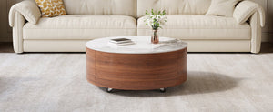 English Elm Modern Round Sintered Stone Coffee Table with Locking Casters and Two Storage Drawers Walnut N735P328523W
