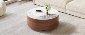 English Elm Modern Round Sintered Stone Coffee Table with Locking Casters and Two Storage Drawers Walnut N735P328523W