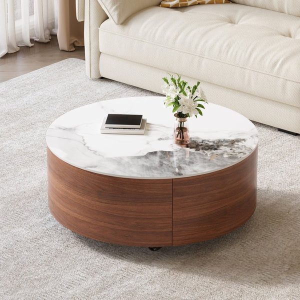 English Elm Modern Round Sintered Stone Coffee Table with Locking Casters and Two Storage Drawers Walnut N735P328523W