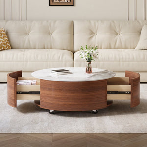 English Elm Modern Round Sintered Stone Coffee Table with Locking Casters and Two Storage Drawers Walnut N735P328523W