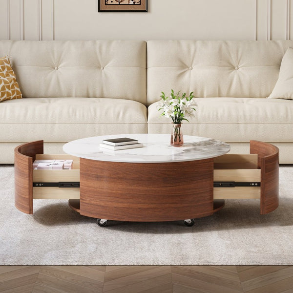 English Elm Modern Round Sintered Stone Coffee Table with Locking Casters and Two Storage Drawers Walnut N735P328523W