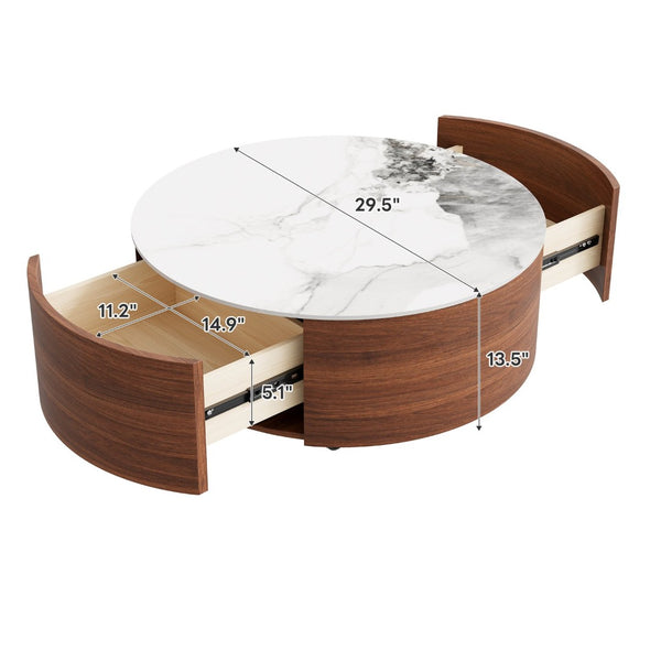 English Elm Modern Round Sintered Stone Coffee Table with Locking Casters and Two Storage Drawers Walnut N735P328523W