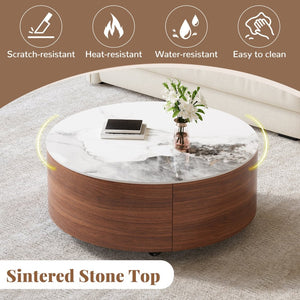 English Elm Modern Round Sintered Stone Coffee Table with Locking Casters and Two Storage Drawers Walnut N735P328523W