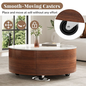 English Elm Modern Round Sintered Stone Coffee Table with Locking Casters and Two Storage Drawers Walnut N735P328523W