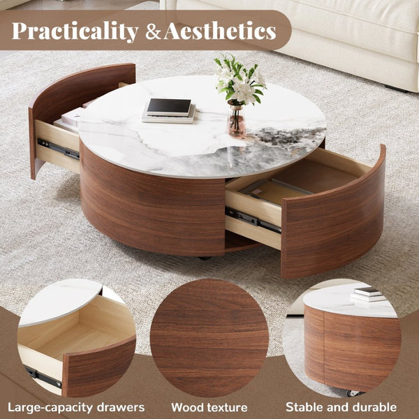 English Elm Modern Round Sintered Stone Coffee Table with Locking Casters and Two Storage Drawers Walnut N735P328523W