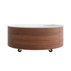 English Elm Modern Round Sintered Stone Coffee Table with Locking Casters and Two Storage Drawers Walnut N735P328523W