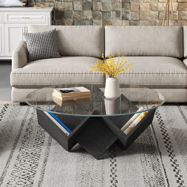 English Elm The Round Tempered Glass Coffee Table with Sculptural Art Deco Base and Open Shelving Black N735P350383B