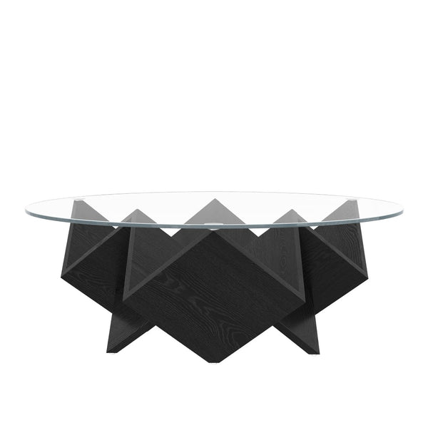 English Elm The Round Tempered Glass Coffee Table with Sculptural Art Deco Base and Open Shelving Black N735P350383B