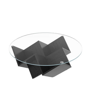 English Elm The Round Tempered Glass Coffee Table with Sculptural Art Deco Base and Open Shelving Black N735P350383B