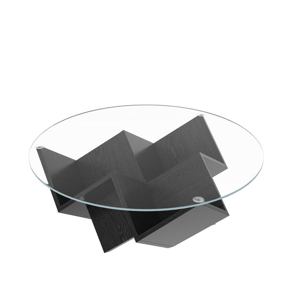 English Elm The Round Tempered Glass Coffee Table with Sculptural Art Deco Base and Open Shelving Black N735P350383B
