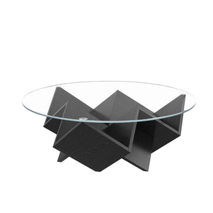 English Elm The Round Tempered Glass Coffee Table with Sculptural Art Deco Base and Open Shelving Black N735P350383B
