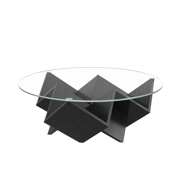 English Elm The Round Tempered Glass Coffee Table with Sculptural Art Deco Base and Open Shelving Black N735P350383B