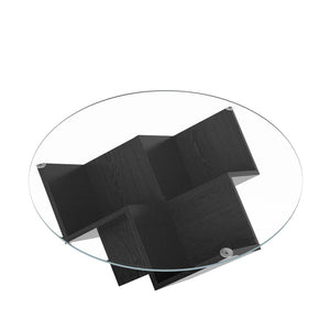 English Elm The Round Tempered Glass Coffee Table with Sculptural Art Deco Base and Open Shelving Black N735P350383B