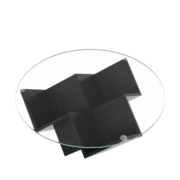 English Elm The Round Tempered Glass Coffee Table with Sculptural Art Deco Base and Open Shelving Black N735P350383B