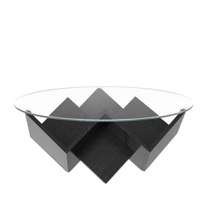 English Elm The Round Tempered Glass Coffee Table with Sculptural Art Deco Base and Open Shelving Black N735P350383B