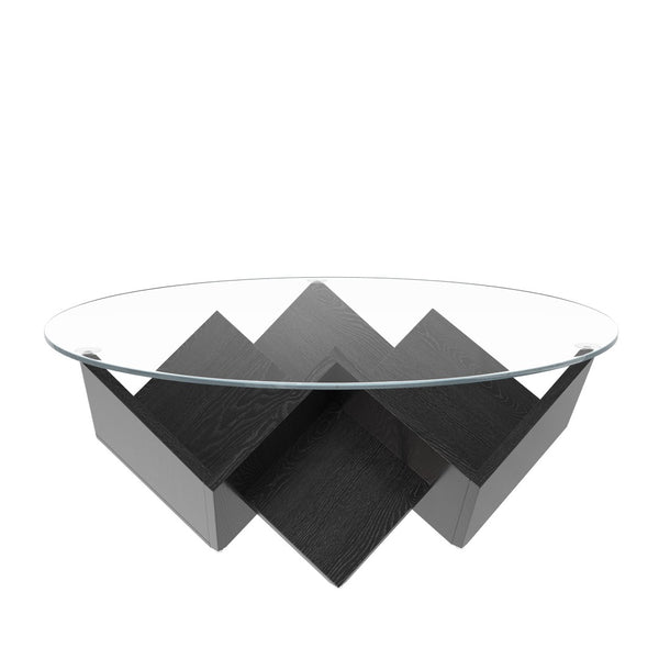 English Elm The Round Tempered Glass Coffee Table with Sculptural Art Deco Base and Open Shelving Black N735P350383B