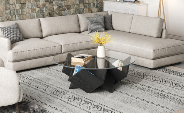 English Elm The Round Tempered Glass Coffee Table with Sculptural Art Deco Base and Open Shelving Black N735P350383B