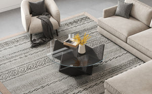 English Elm The Round Tempered Glass Coffee Table with Sculptural Art Deco Base and Open Shelving Black N735P350383B
