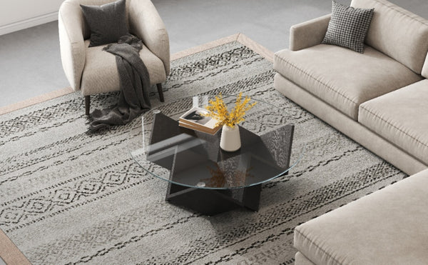 English Elm The Round Tempered Glass Coffee Table with Sculptural Art Deco Base and Open Shelving Black N735P350383B