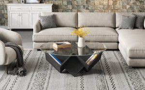 English Elm The Round Tempered Glass Coffee Table with Sculptural Art Deco Base and Open Shelving Black N735P350383B