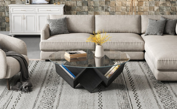 English Elm The Round Tempered Glass Coffee Table with Sculptural Art Deco Base and Open Shelving Black N735P350383B