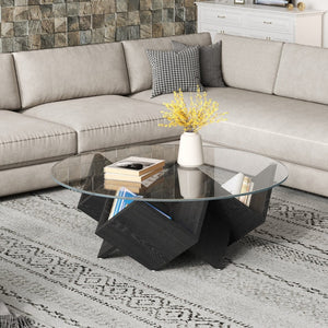 English Elm The Round Tempered Glass Coffee Table with Sculptural Art Deco Base and Open Shelving Black N735P350383B