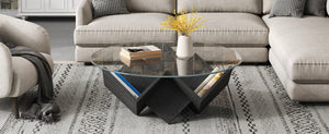 English Elm The Round Tempered Glass Coffee Table with Sculptural Art Deco Base and Open Shelving Black N735P350383B