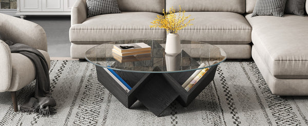 English Elm The Round Tempered Glass Coffee Table with Sculptural Art Deco Base and Open Shelving Black N735P350383B