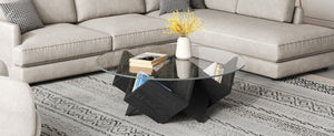 English Elm The Round Tempered Glass Coffee Table with Sculptural Art Deco Base and Open Shelving Black N735P350383B