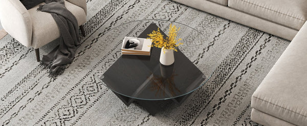 English Elm The Round Tempered Glass Coffee Table with Sculptural Art Deco Base and Open Shelving Black N735P350383B