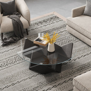 English Elm The Round Tempered Glass Coffee Table with Sculptural Art Deco Base and Open Shelving Black N735P350383B